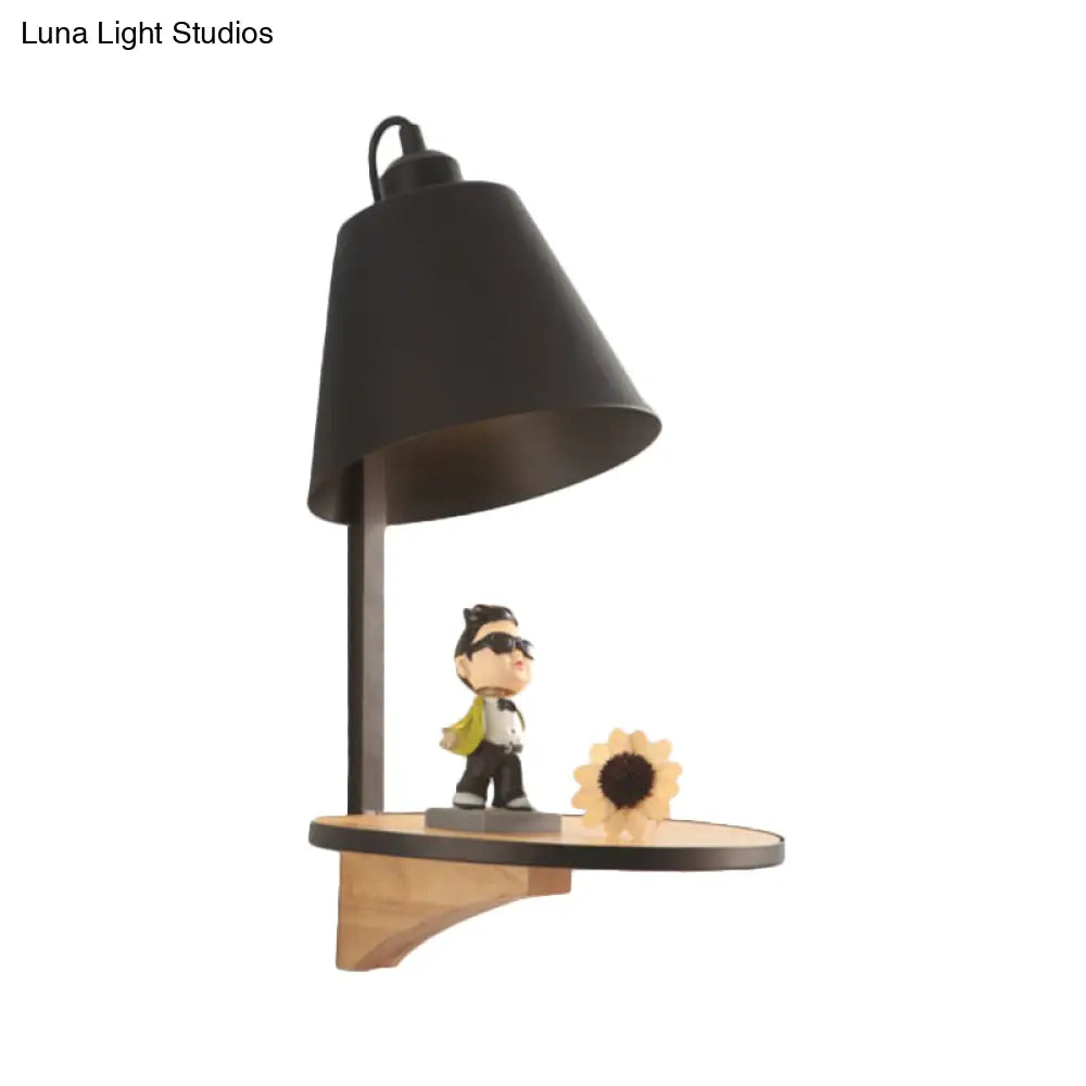 DecorBites™ Nordic Style 1-Light Metal Wall Sconce with Wooden Supporter - White/Gray Tapered Shade