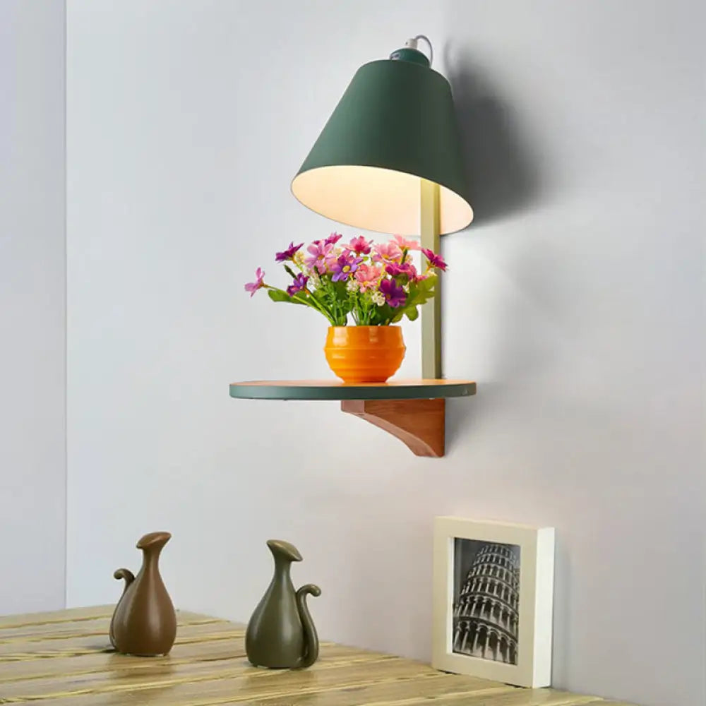 DecorBites™ Nordic Style 1-Light Metal Wall Sconce with Wooden Supporter - White/Gray Tapered Shade