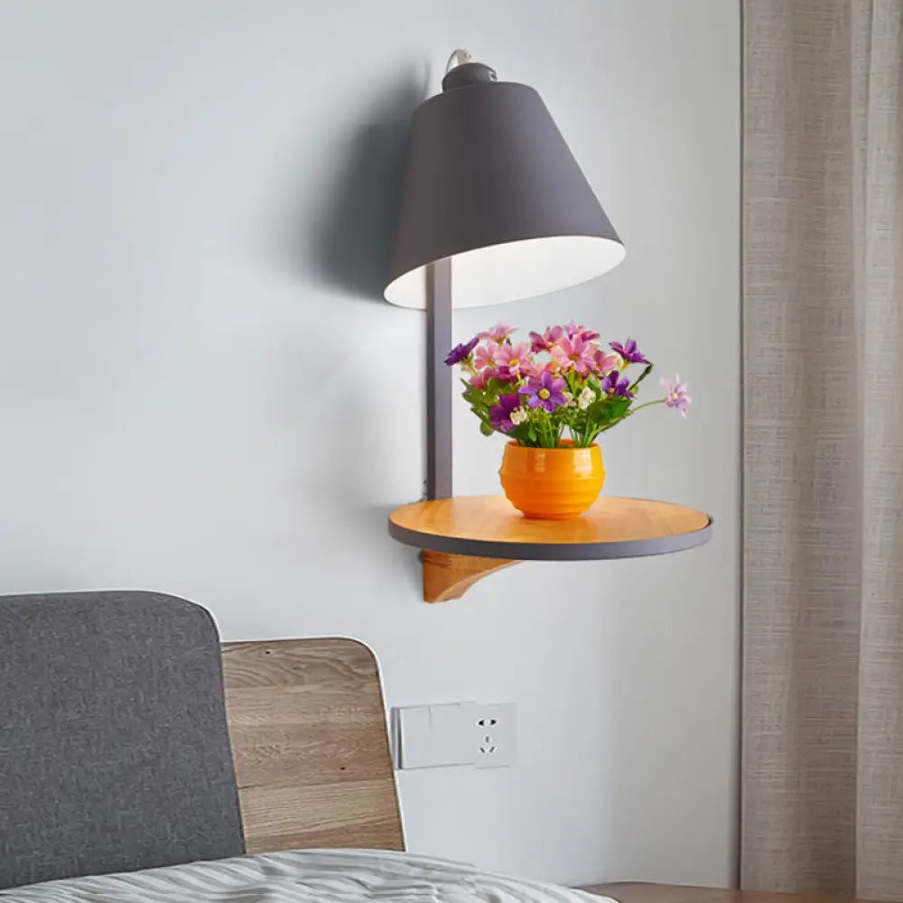 DecorBites™ Nordic Style 1-Light Metal Wall Sconce with Wooden Supporter - White/Gray Tapered Shade