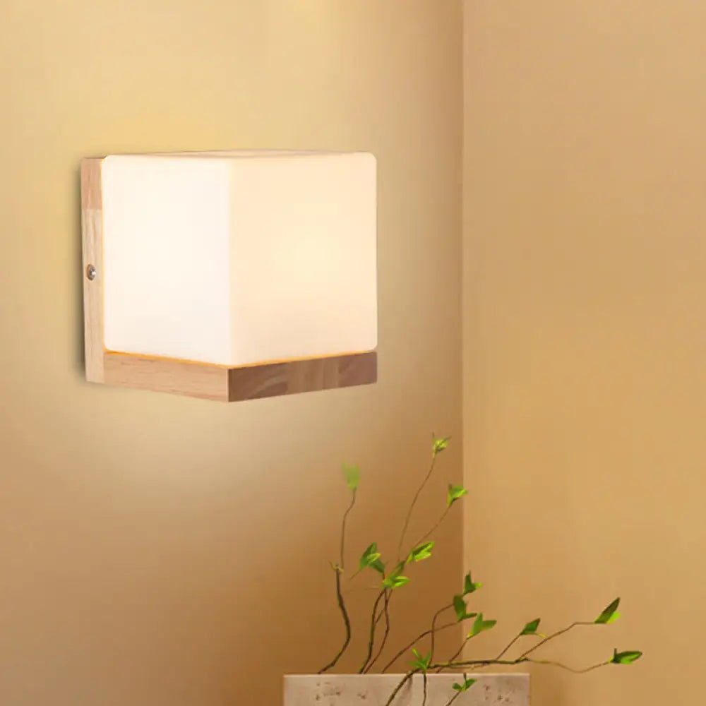 DecorBites™ Nordic Style Cube Shaped Sconce Lighting with White Glass Shade - 1-Light Bedside Wall Fixture