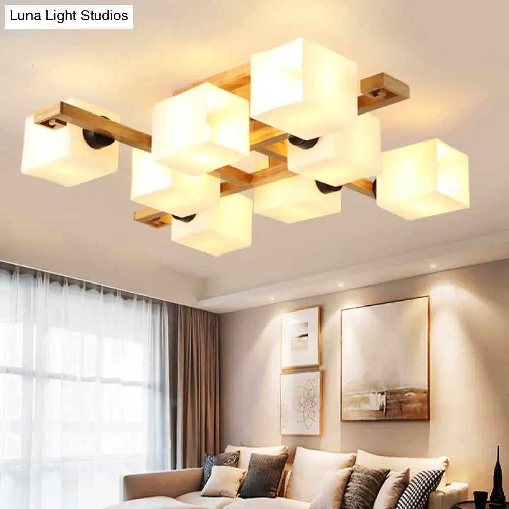 DecorBites™ Nordic Style Flush Mount Chandelier with White Glass and Wood Canopy for Living Room Lighting