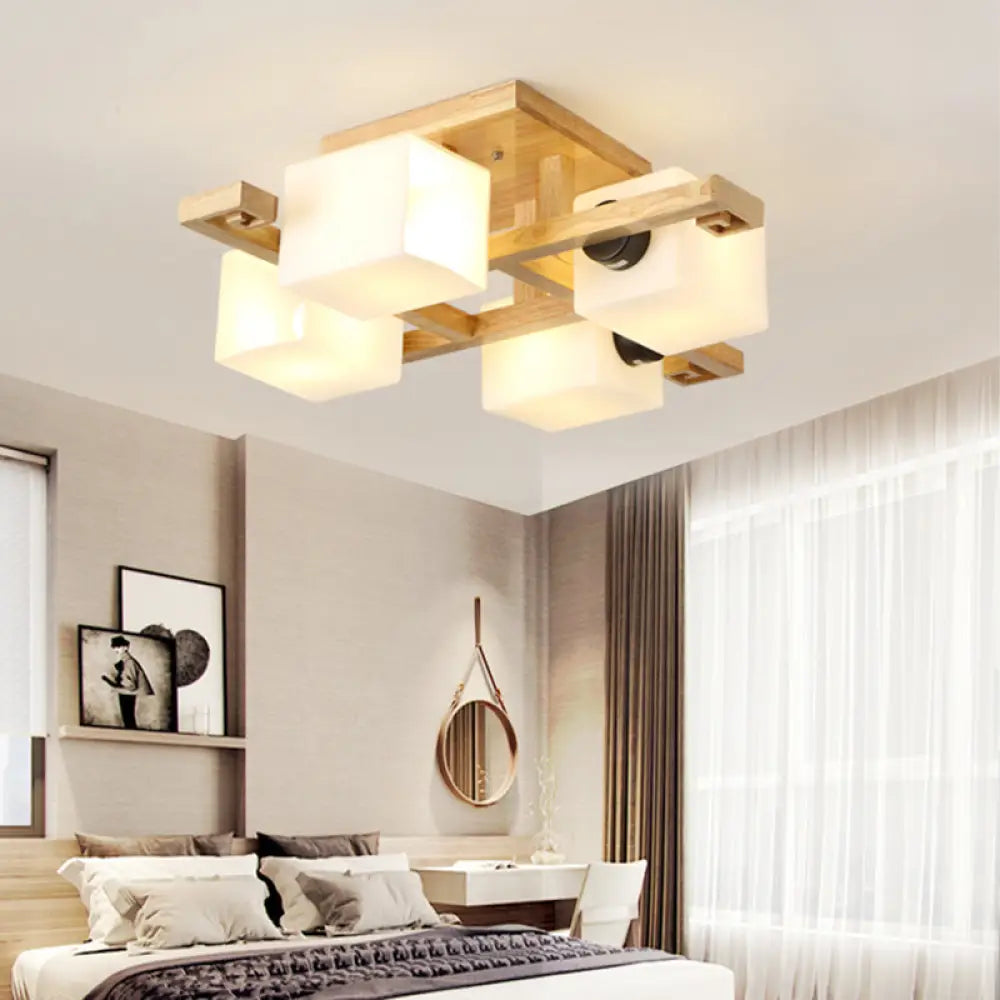 DecorBites™ Nordic Style Flush Mount Chandelier with White Glass and Wood Canopy for Living Room Lighting