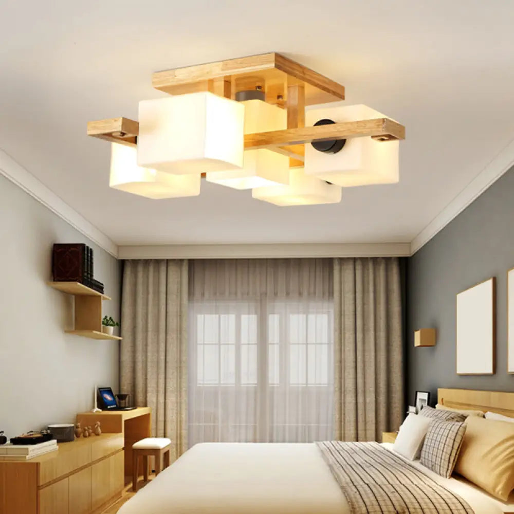 DecorBites™ Nordic Style Flush Mount Chandelier with White Glass and Wood Canopy for Living Room Lighting