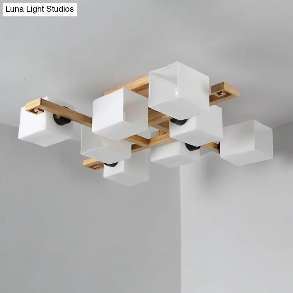 DecorBites™ Nordic Style Flush Mount Chandelier with White Glass and Wood Canopy for Living Room Lighting