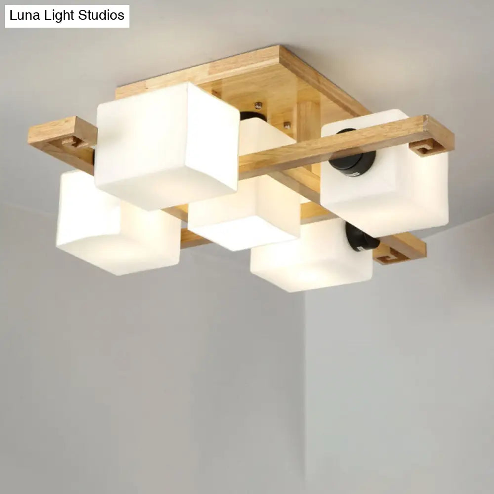 DecorBites™ Nordic Style Flush Mount Chandelier with White Glass and Wood Canopy for Living Room Lighting