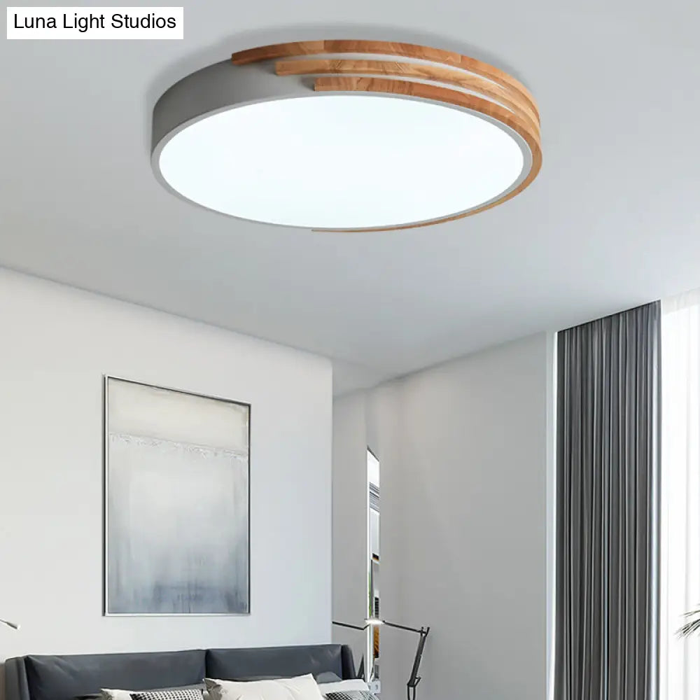 DecorBites™ Nordic Style Round Flush Mount Ceiling Light - Wood & Acrylic Fixture in Grey/White/Green, 16" Width