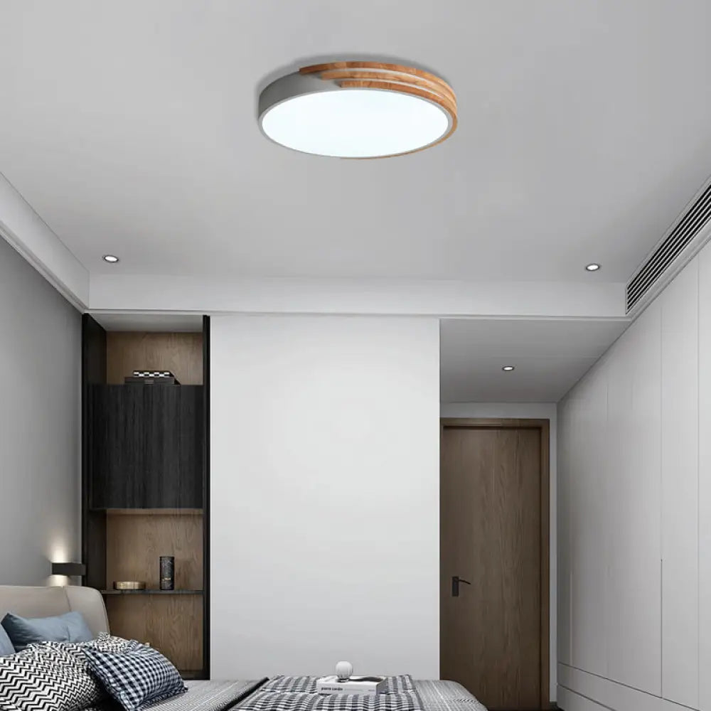 DecorBites™ Nordic Style Round Flush Mount Ceiling Light - Wood & Acrylic Fixture in Grey/White/Green, 16" Width