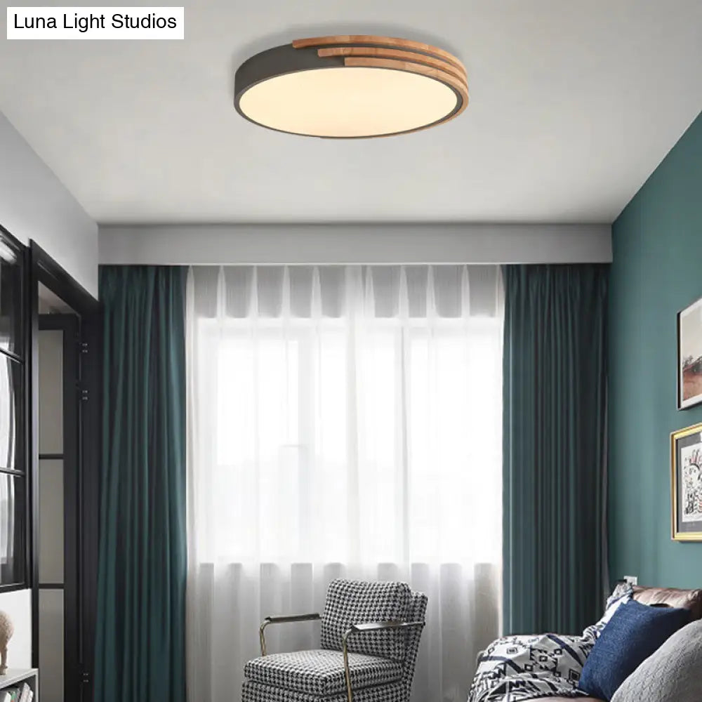 DecorBites™ Nordic Style Round Flush Mount Ceiling Light - Wood & Acrylic Fixture in Grey/White/Green, 16" Width