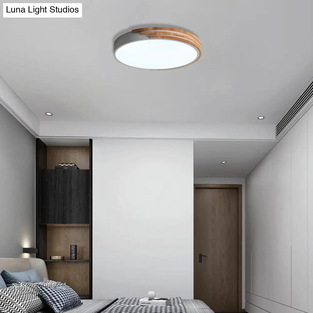 DecorBites™ Nordic Style Round Flush Mount Ceiling Light - Wood & Acrylic Fixture in Grey/White/Green, 16" Width