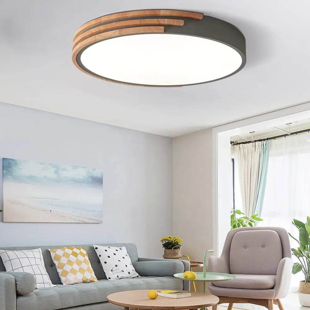 DecorBites™ Nordic Style Round Flush Mount Ceiling Light - Wood & Acrylic Fixture in Grey/White/Green, 16" Width