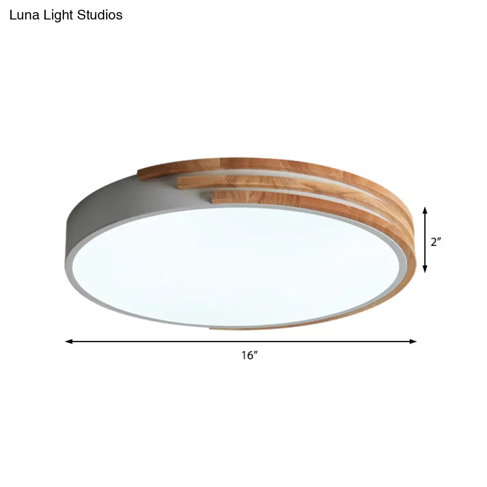 DecorBites™ Nordic Style Round Flush Mount Ceiling Light - Wood & Acrylic Fixture in Grey/White/Green, 16" Width
