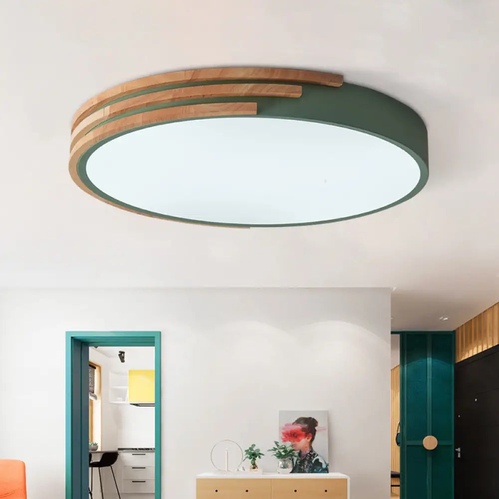 DecorBites™ Nordic Style Round Flush Mount Ceiling Light - Wood & Acrylic Fixture in Grey/White/Green, 16" Width