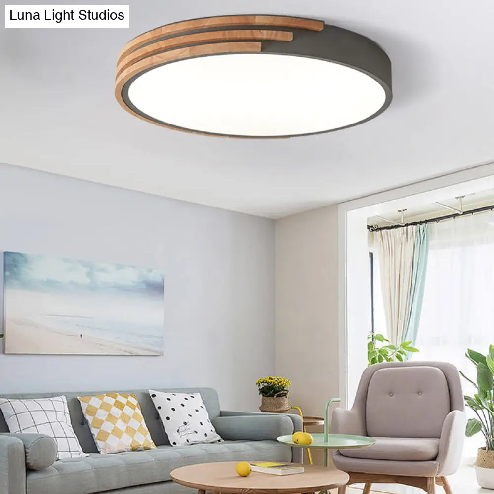 DecorBites™ Nordic Style Round Flush Mount Ceiling Light - Wood & Acrylic Fixture in Grey/White/Green, 16" Width