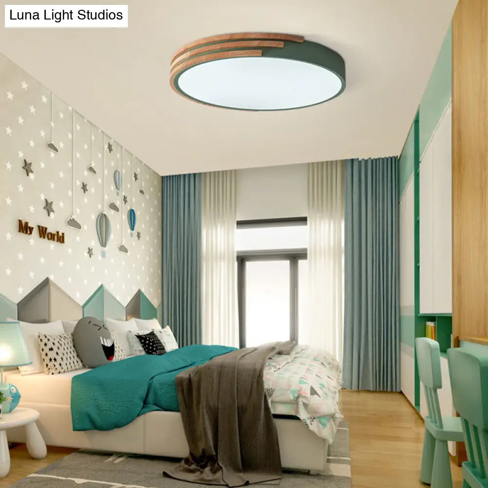 DecorBites™ Nordic Style Round Flush Mount Ceiling Light - Wood & Acrylic Fixture in Grey/White/Green, 16" Width