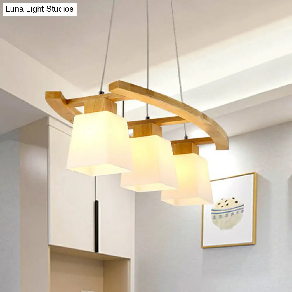DecorBites™ Nordic Wood Island Pendant Ceiling Light with Trapezoid White Glass Shade - 3-Light Dining Room Fixture