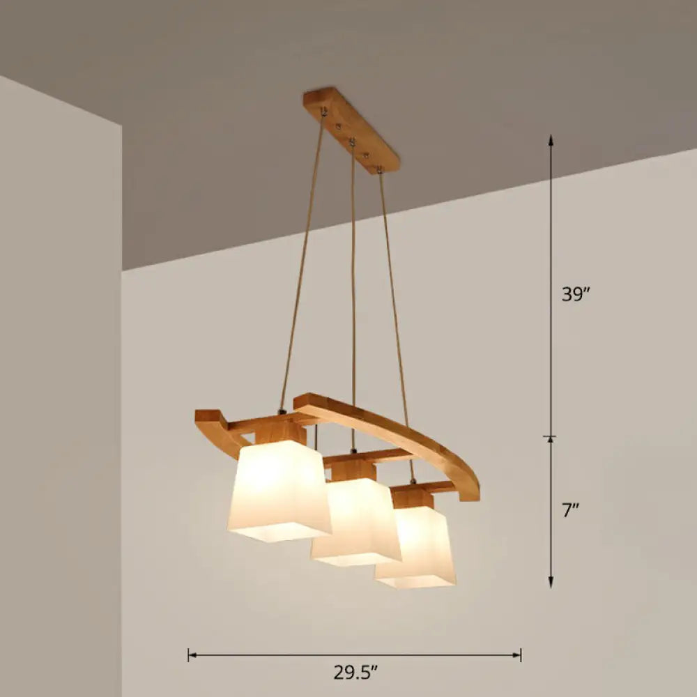 DecorBites™ Nordic Wood Island Pendant Ceiling Light with Trapezoid White Glass Shade - 3-Light Dining Room Fixture
