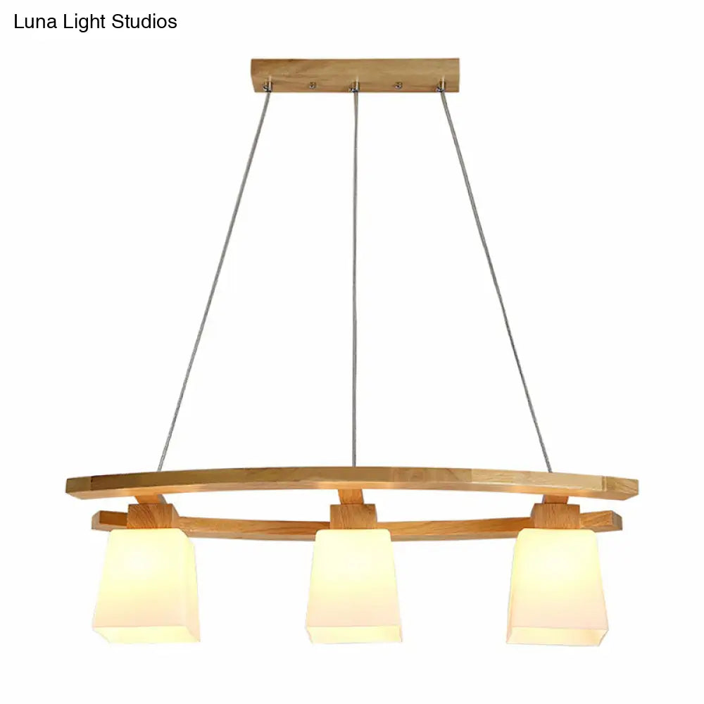 DecorBites™ Nordic Wood Island Pendant Ceiling Light with Trapezoid White Glass Shade - 3-Light Dining Room Fixture