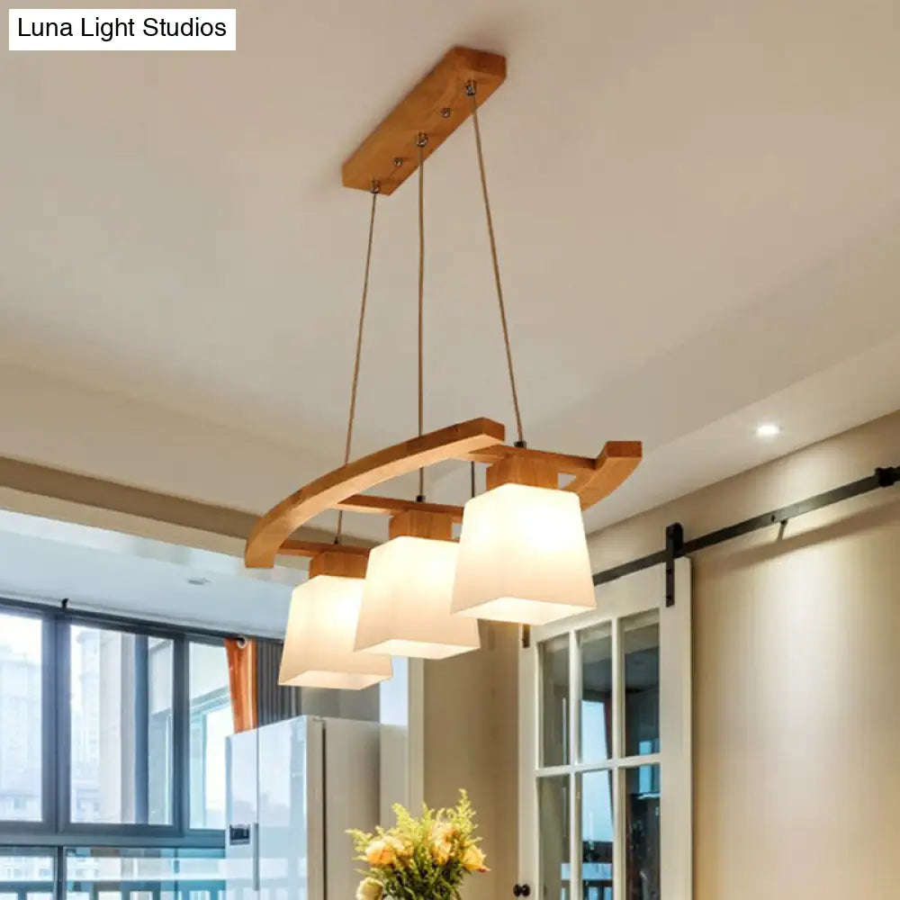 DecorBites™ Nordic Wood Island Pendant Ceiling Light with Trapezoid White Glass Shade - 3-Light Dining Room Fixture