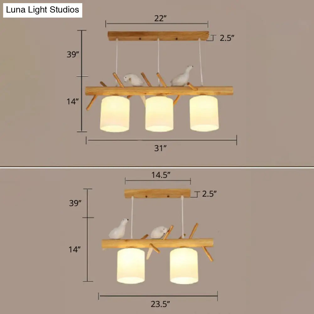 DecorBites™ Nordic Wood Pendant Light with Opal Glass Cylinder and Resin Bird Decor