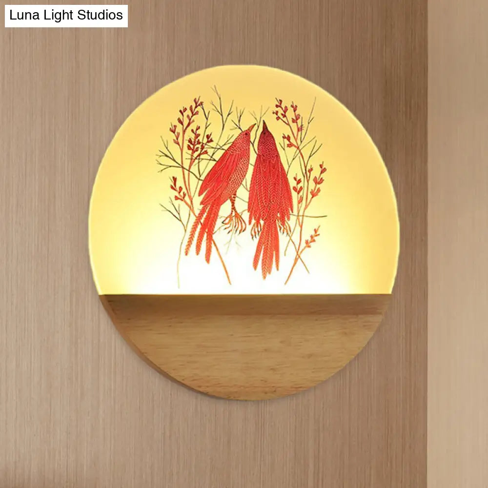 DecorBites™ Nordic Wood Sconce with LED Mural Light, Deer/Bird Patterned Acrylic Shade - Ideal for Bedroom Wall Mount