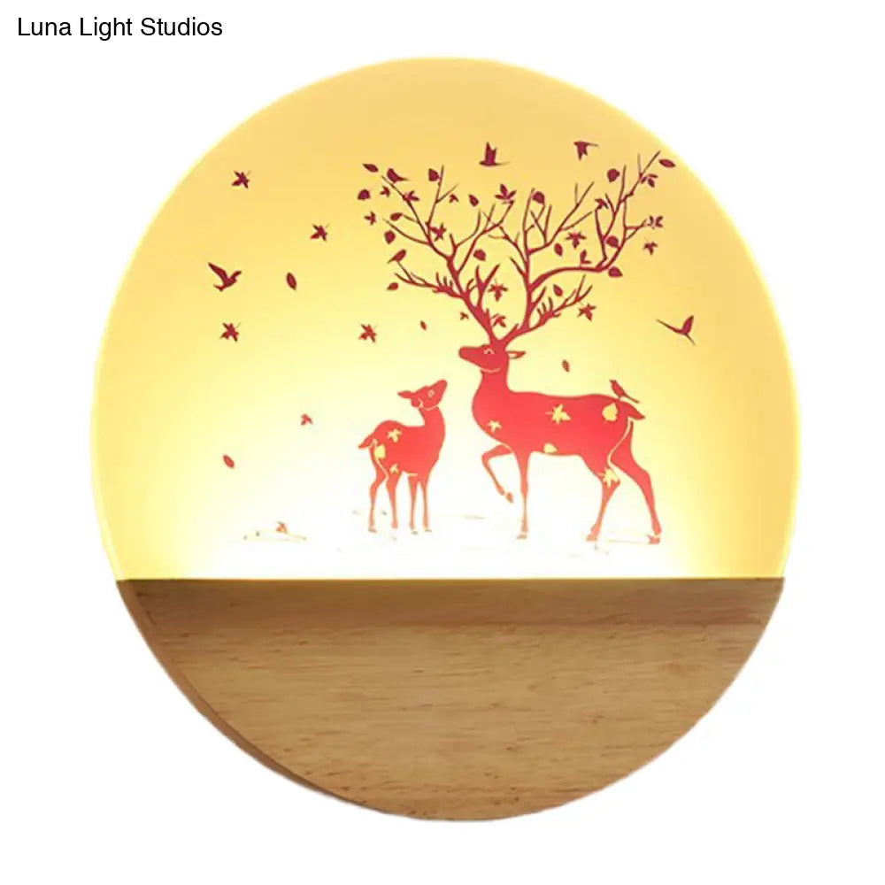 DecorBites™ Nordic Wood Sconce with LED Mural Light, Deer/Bird Patterned Acrylic Shade - Ideal for Bedroom Wall Mount