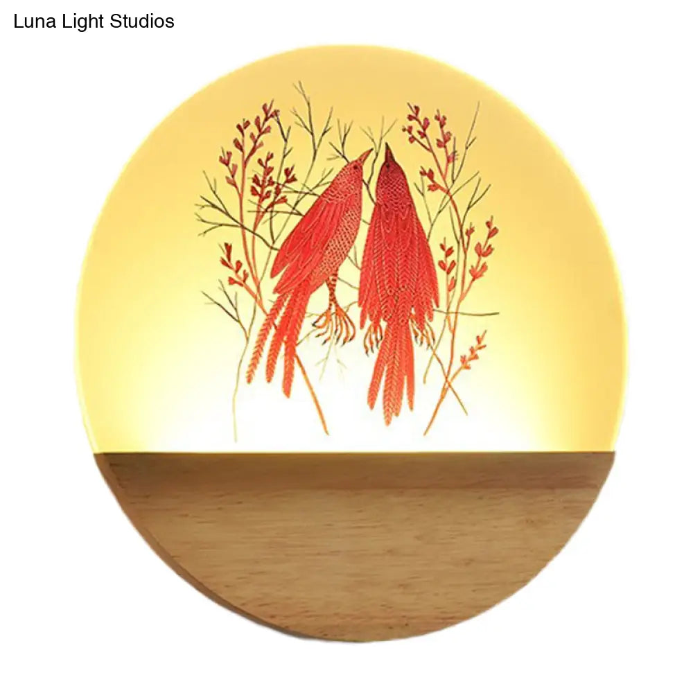 DecorBites™ Nordic Wood Sconce with LED Mural Light, Deer/Bird Patterned Acrylic Shade - Ideal for Bedroom Wall Mount