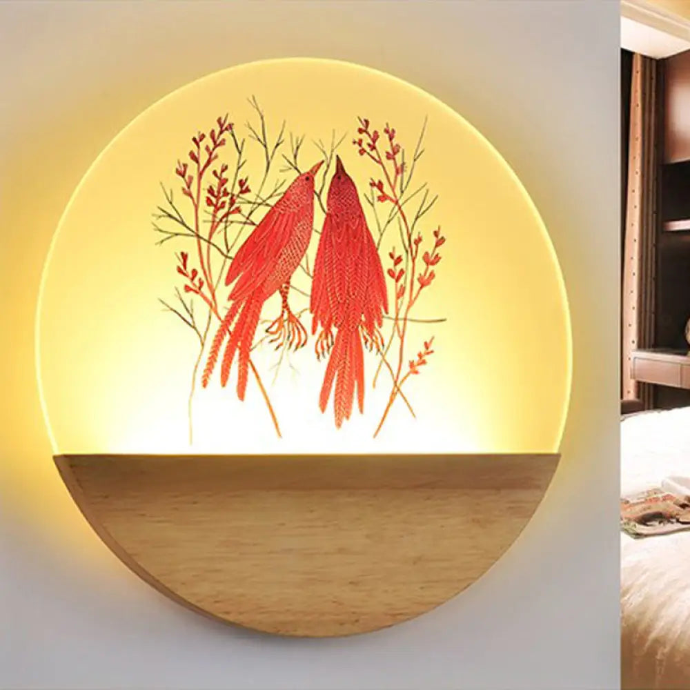 DecorBites™ Nordic Wood Sconce with LED Mural Light, Deer/Bird Patterned Acrylic Shade - Ideal for Bedroom Wall Mount