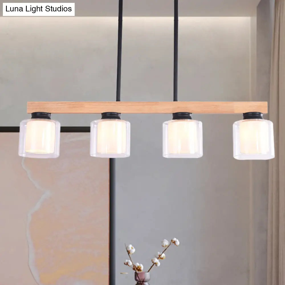 DecorBites™ Nordic Wooden Linear Pendant with Double Glass Cylinder Shades for Restaurant Island Lighting (3/4-Head, White)