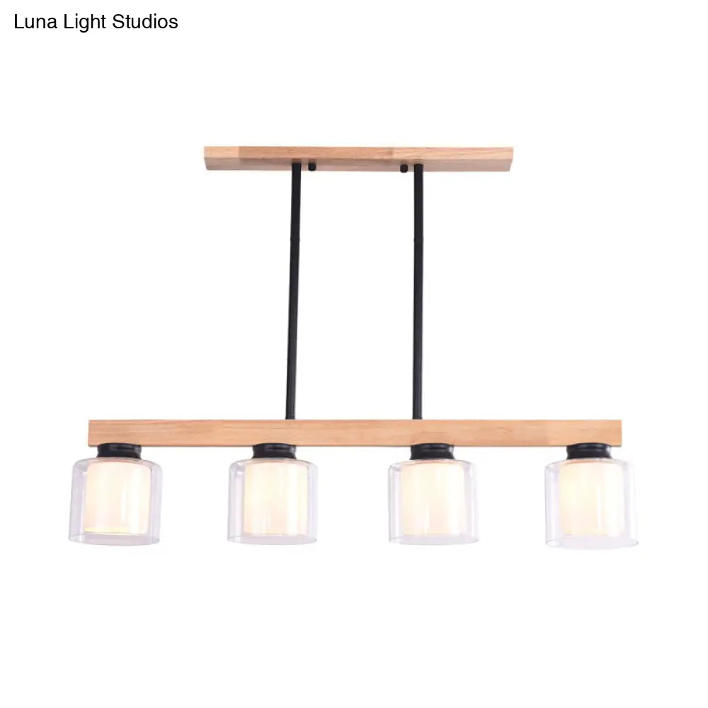 DecorBites™ Nordic Wooden Linear Pendant with Double Glass Cylinder Shades for Restaurant Island Lighting (3/4-Head, White)