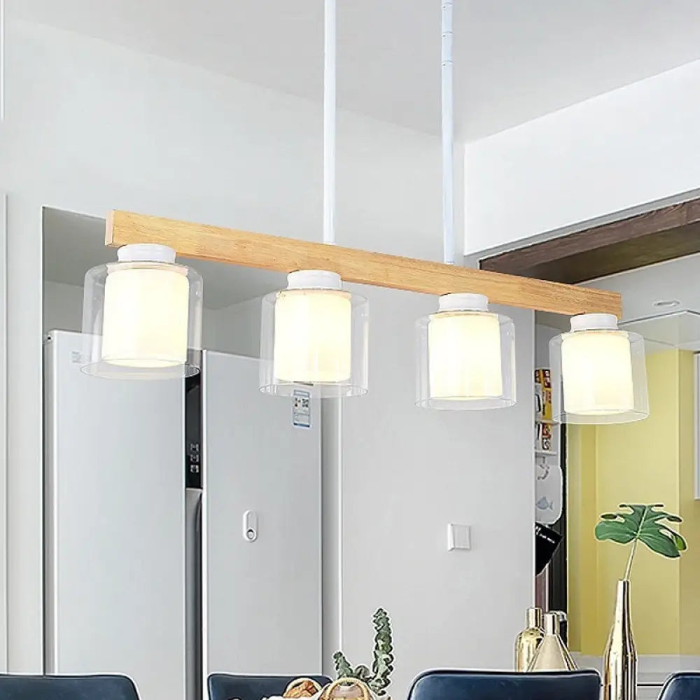 DecorBites™ Nordic Wooden Linear Pendant with Double Glass Cylinder Shades for Restaurant Island Lighting (3/4-Head, White)