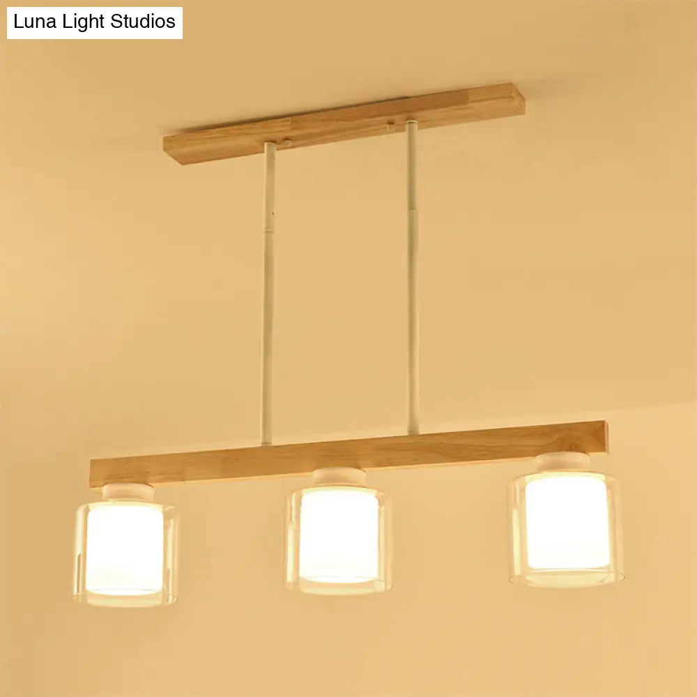 DecorBites™ Nordic Wooden Linear Pendant with Double Glass Cylinder Shades for Restaurant Island Lighting (3/4-Head, White)