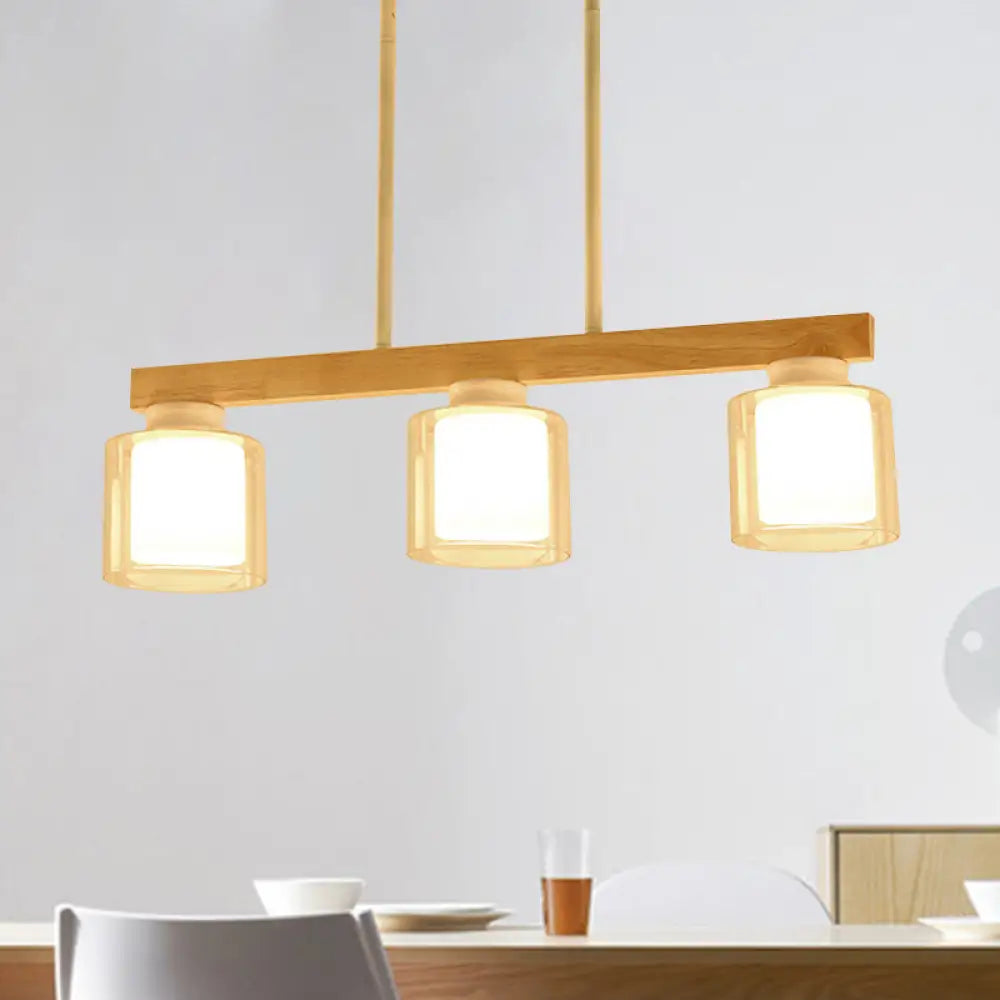 DecorBites™ Nordic Wooden Linear Pendant with Double Glass Cylinder Shades for Restaurant Island Lighting (3/4-Head, White)