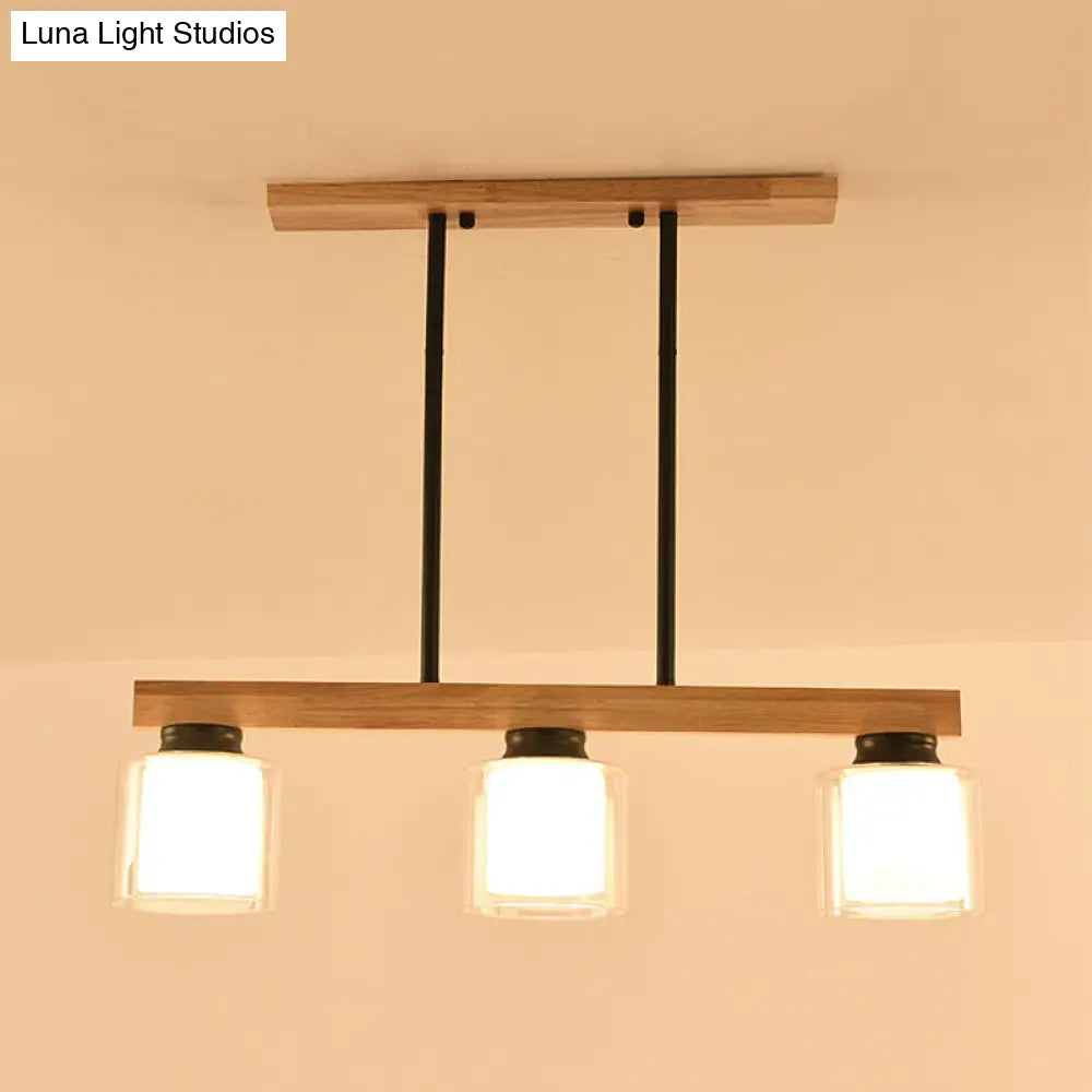 DecorBites™ Nordic Wooden Linear Pendant with Double Glass Cylinder Shades for Restaurant Island Lighting (3/4-Head, White)