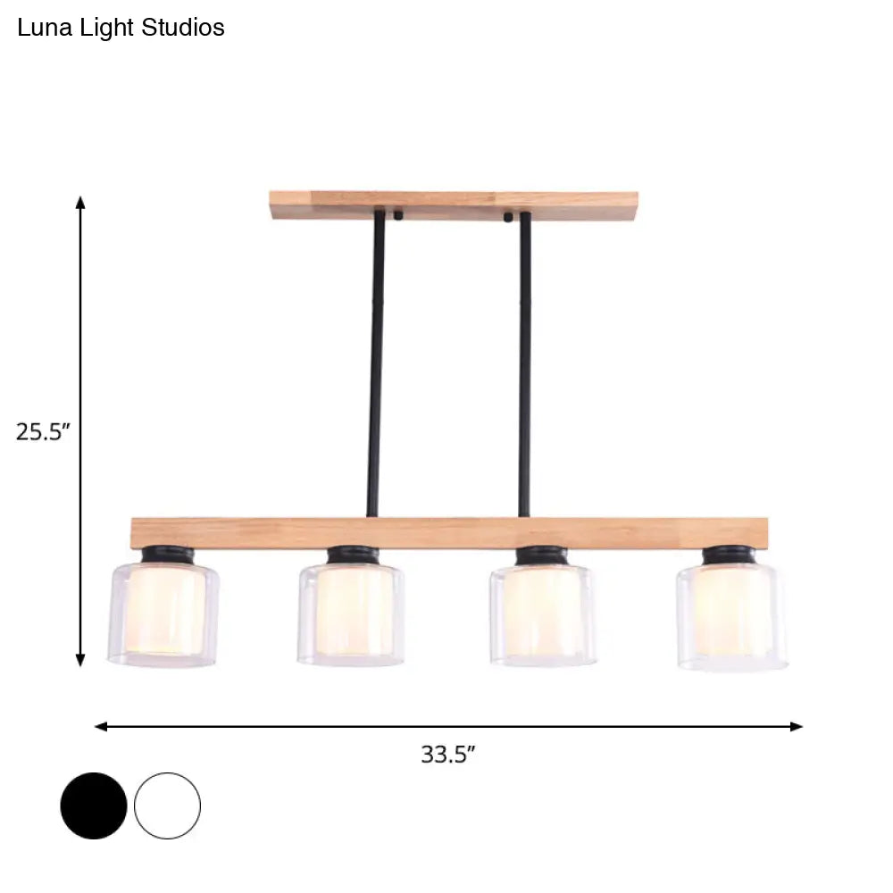 DecorBites™ Nordic Wooden Linear Pendant with Double Glass Cylinder Shades for Restaurant Island Lighting (3/4-Head, White)