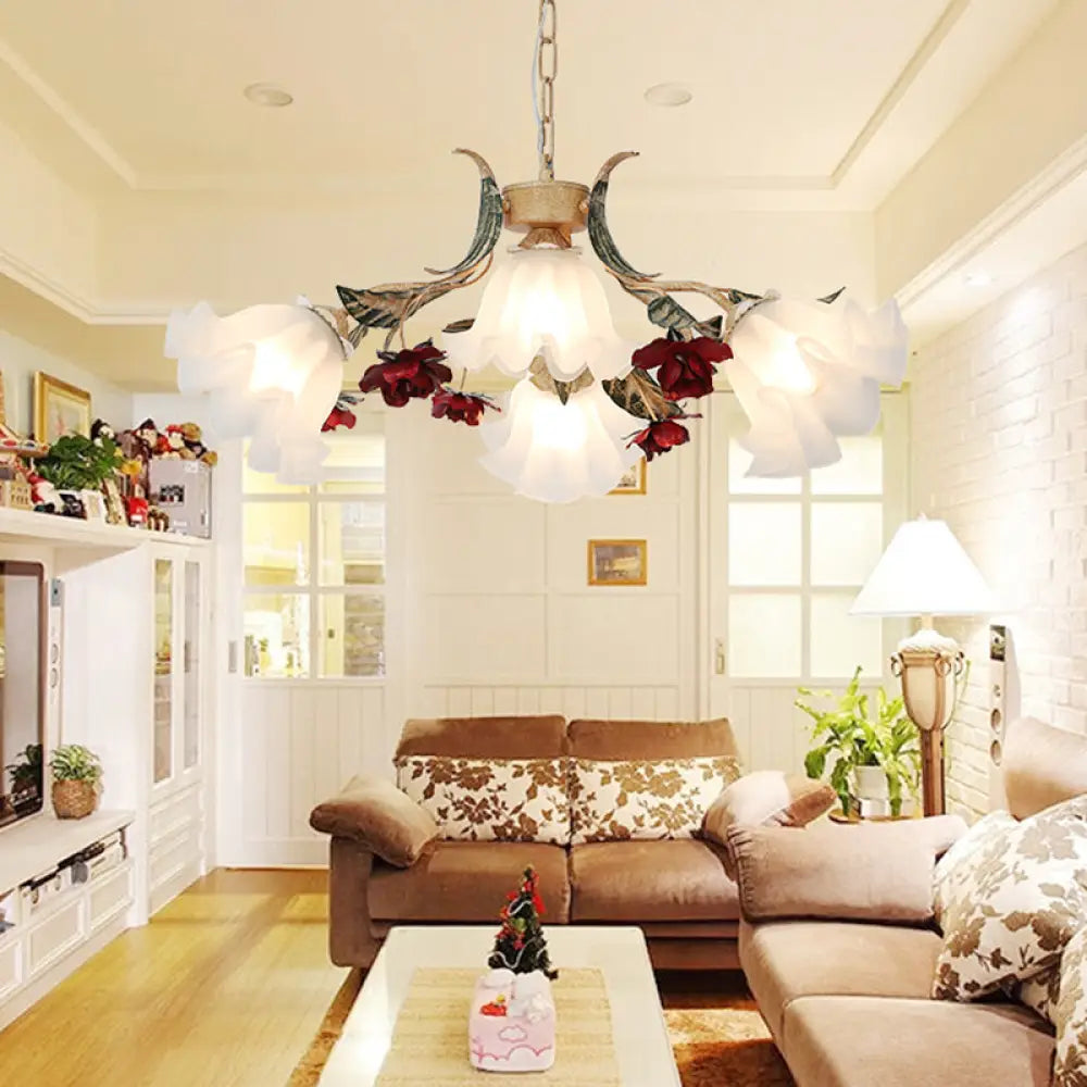 DecorBites™ Pastoral Red Floral Glass Chandelier for Living Room Ceiling Lighting
