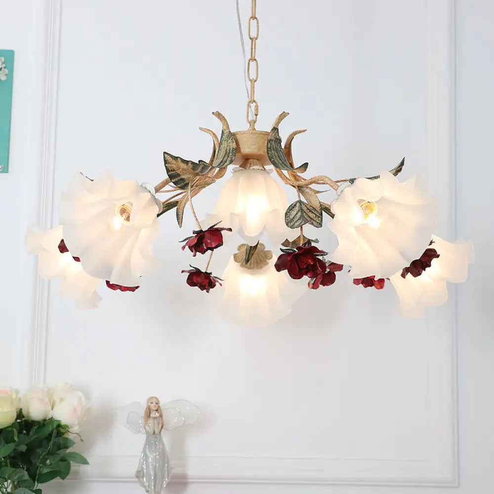DecorBites™ Pastoral Red Floral Glass Chandelier for Living Room Ceiling Lighting