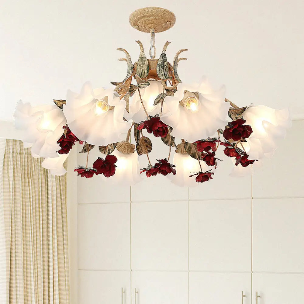 DecorBites™ Pastoral Red Floral Glass Chandelier for Living Room Ceiling Lighting