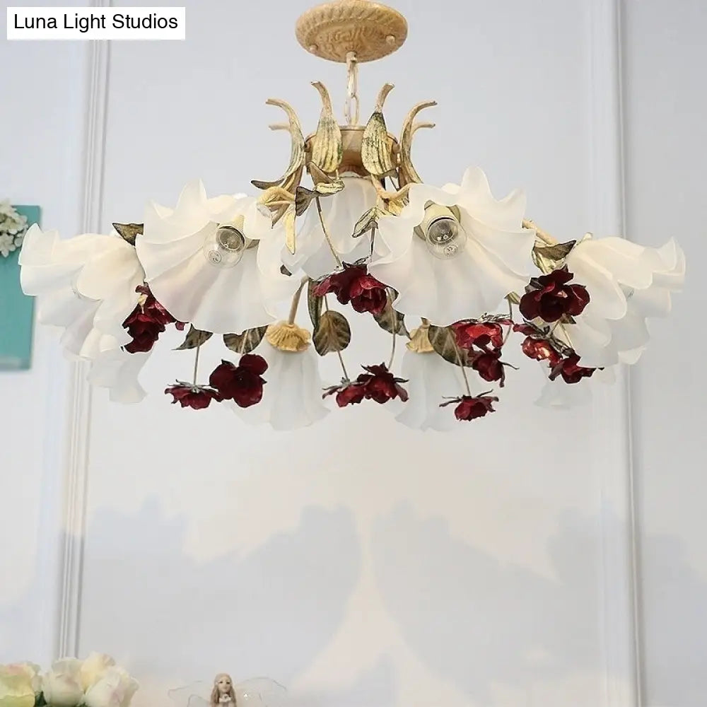 DecorBites™ Pastoral Red Floral Glass Chandelier for Living Room Ceiling Lighting