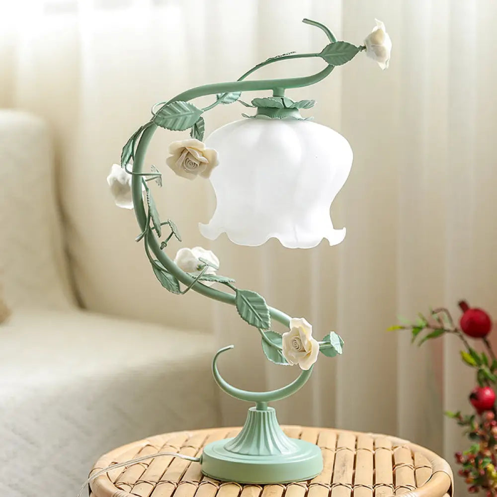 DecorBites™ Pastoral Rose Ceramic Lamp w/ Cream Glass Shade - Elegant Living Room Table Light