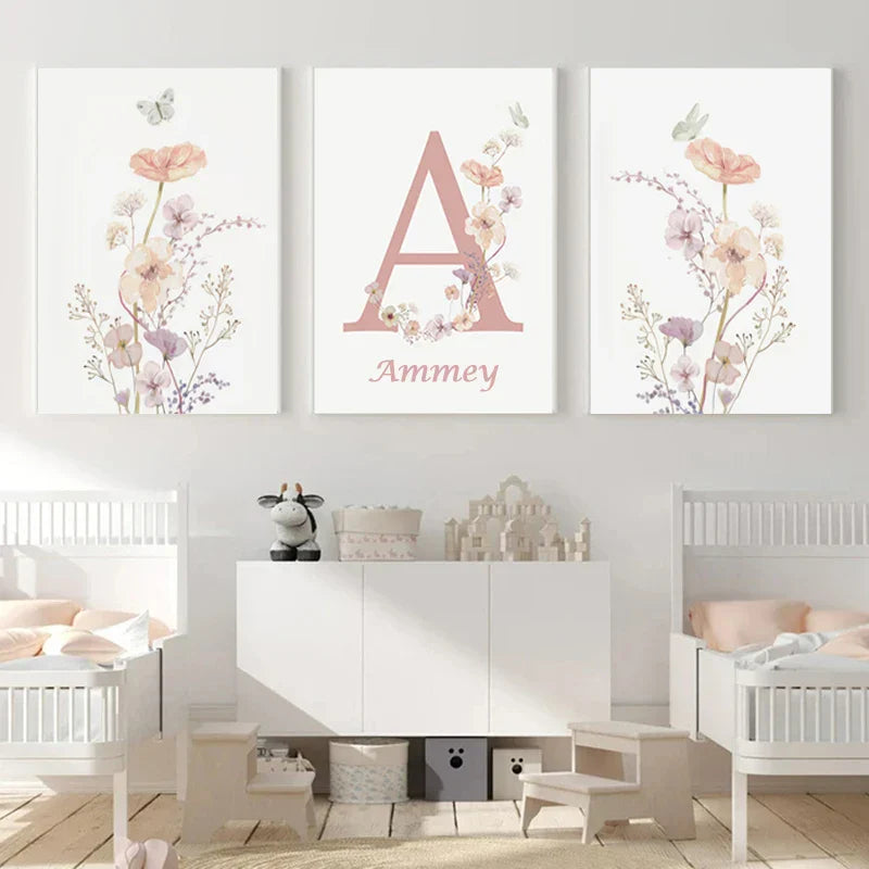 DecorBites™ Personalized Pink Floral Nursery Wall Art