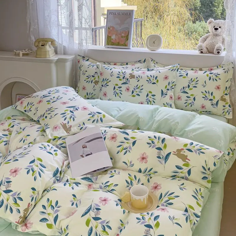 DecorBites™ Pink Floral Bedding Set - Queen Size