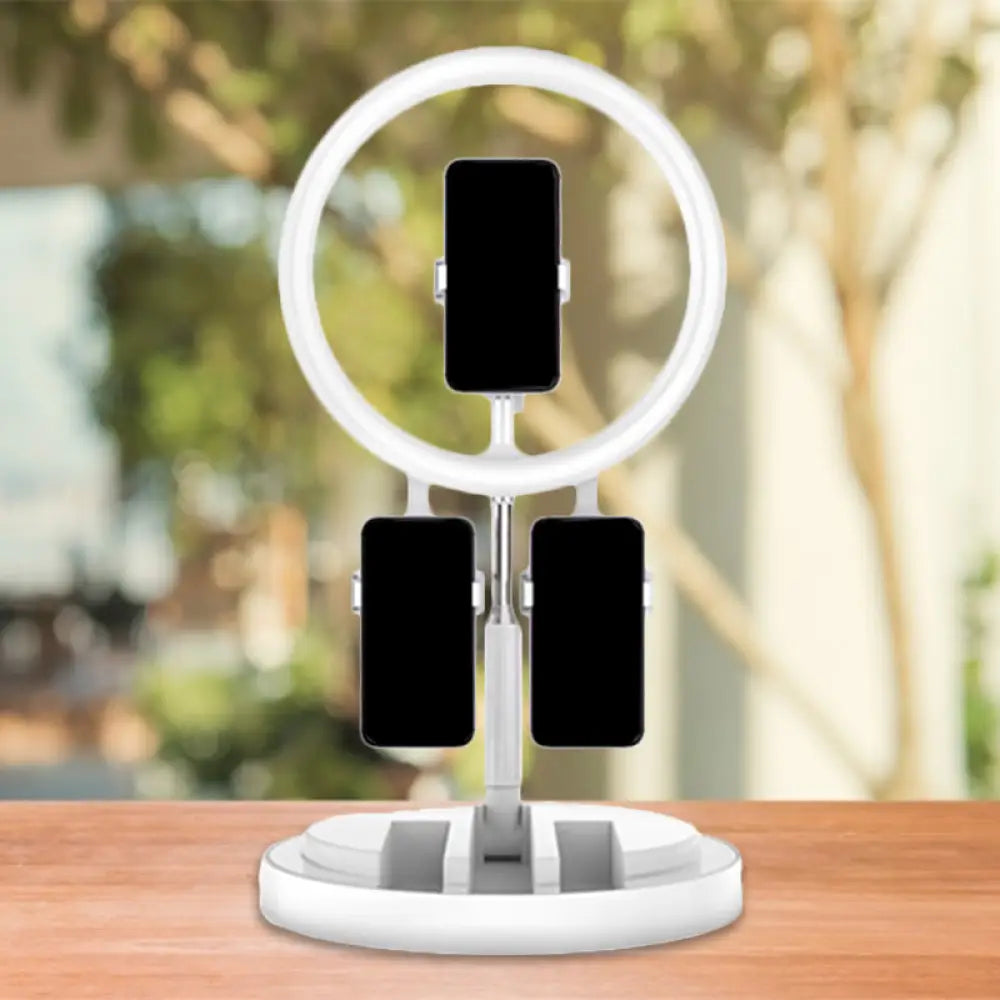 DecorBites™ Portable Circular LED Makeup Light with USB Port - Metal Phone Holder in Black/White/Pink