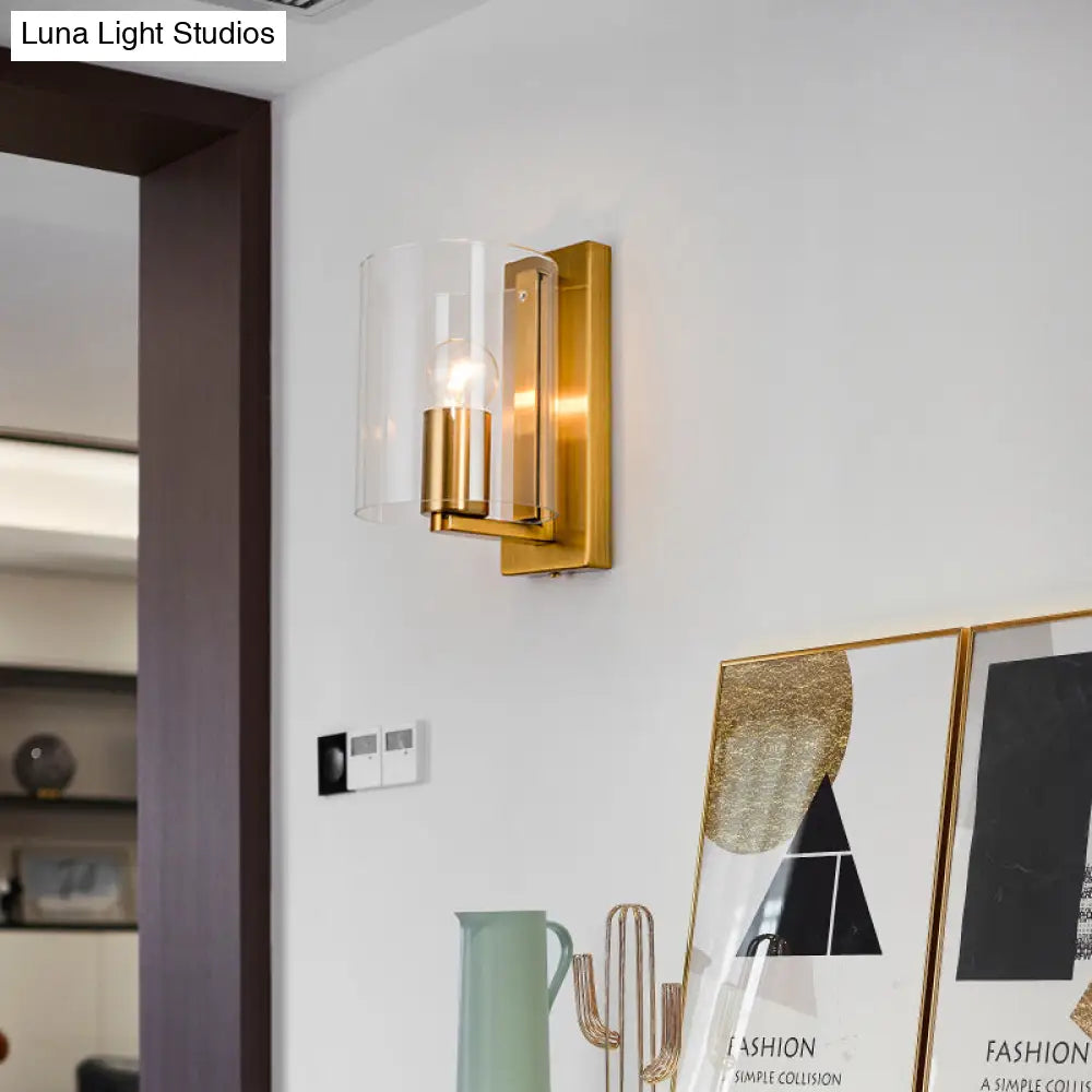 DecorBites™ Post Modern Brass Finish Wall Lamp with Clear/Textured White Glass - Cylindric Sconce Design (1 Bulb)