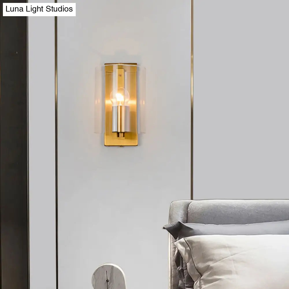 DecorBites™ Post Modern Brass Finish Wall Lamp with Clear/Textured White Glass - Cylindric Sconce Design (1 Bulb)