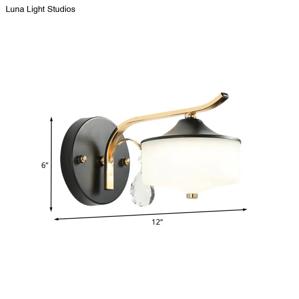 DecorBites™ Post Modern Drum Indoor Wall Sconce with Opal Glass and Crystal Droplet in Black and Gold LED Lighting