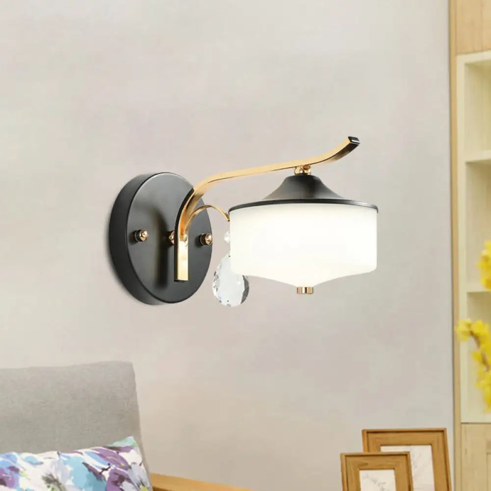 DecorBites™ Post Modern Drum Indoor Wall Sconce with Opal Glass and Crystal Droplet in Black and Gold LED Lighting