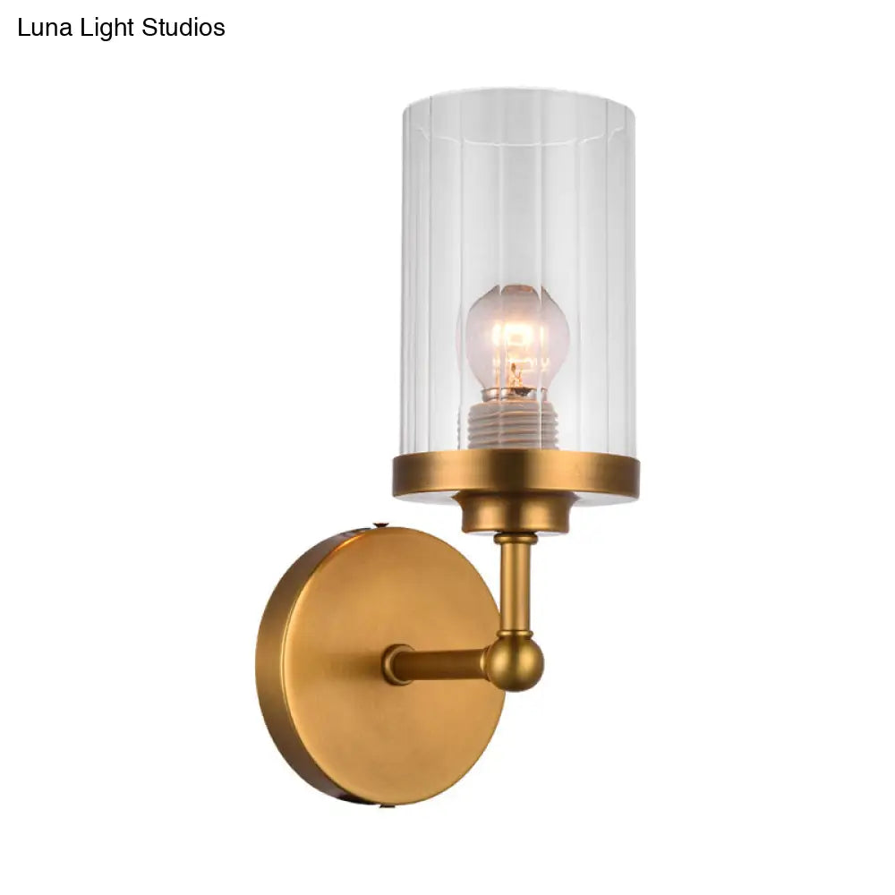 DecorBites™ Postmodern 1-Head Brass Cylinder Wall Lighting with Clear Ribbed Glass Mount