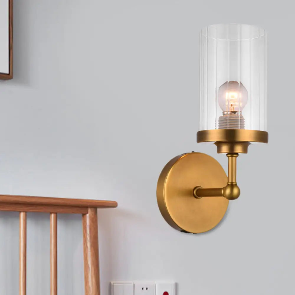 DecorBites™ Postmodern 1-Head Brass Cylinder Wall Lighting with Clear Ribbed Glass Mount