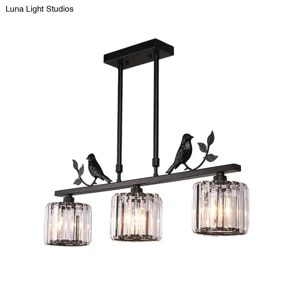 DecorBites™ Postmodern Black/Gold Crystal Prism Pendant Lamp with Bird and Leaf Decoration - 3-Bulb Cylinder Hanging Island Light