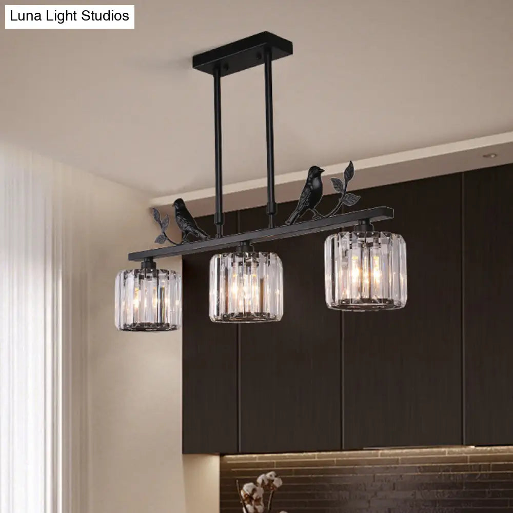 DecorBites™ Postmodern Black/Gold Crystal Prism Pendant Lamp with Bird and Leaf Decoration - 3-Bulb Cylinder Hanging Island Light